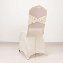 Ivory Spandex Banquet Slip On Chair Cover with Silver Rhinestone Buckled Sash Band, Stretched Fitted