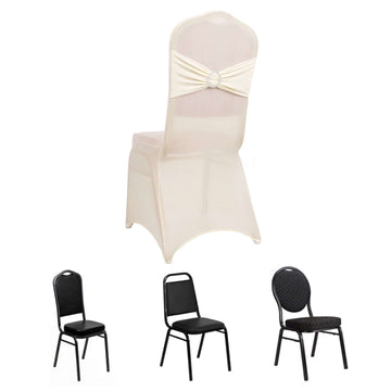 Ivory Spandex Banquet Slip On Chair Cover with Silver Rhinestone Buckled Sash Band, Stretched Fitted Chair Cover