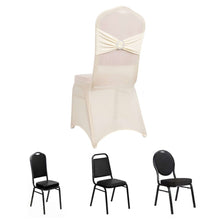 Ivory Spandex Banquet Slip On Chair Cover with Silver Rhinestone Buckled Sash Band, Stretched Fitted