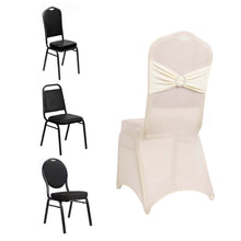 Ivory Spandex Banquet Slip On Chair Cover with Silver Rhinestone Buckled Sash Band, Stretched Fitted