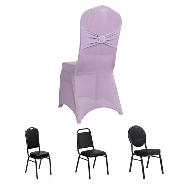 Lavender Lilac Spandex Banquet Slip On Chair Cover with Silver Rhinestone Buckled Sash Band, Stretch