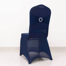 Navy Blue Spandex Banquet Slip On Chair Cover with Silver Rhinestone Buckled Sash Band, Stretched