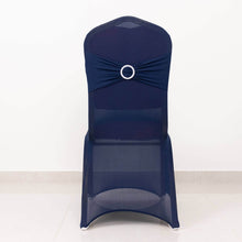 Navy Blue Spandex Banquet Slip On Chair Cover with Silver Rhinestone Buckled Sash Band, Stretched