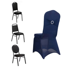 Navy Blue Spandex Banquet Slip On Chair Cover with Silver Rhinestone Buckled Sash Band, Stretched