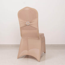 Nude Spandex Banquet Slip On Chair Cover with Silver Rhinestone Buckled Sash Band, Stretched Fitted