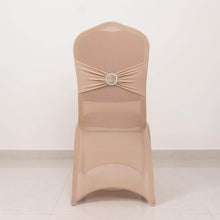 Nude Spandex Banquet Slip On Chair Cover with Silver Rhinestone Buckled Sash Band, Stretched Fitted