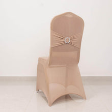 Nude Spandex Banquet Slip On Chair Cover with Silver Rhinestone Buckled Sash Band, Stretched Fitted