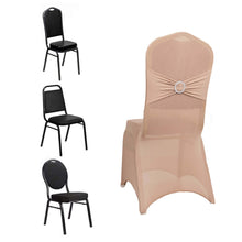 Nude Spandex Banquet Slip On Chair Cover with Silver Rhinestone Buckled Sash Band, Stretched Fitted