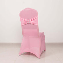 Pink Spandex Banquet Slip On Chair Cover with Silver Rhinestone Buckled Sash Band, Stretched Fitted