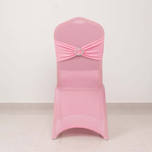 Pink Spandex Banquet Slip On Chair Cover with Silver Rhinestone Buckled Sash Band, Stretched Fitted