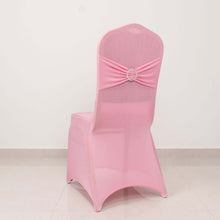 Pink Spandex Banquet Slip On Chair Cover with Silver Rhinestone Buckled Sash Band, Stretched Fitted