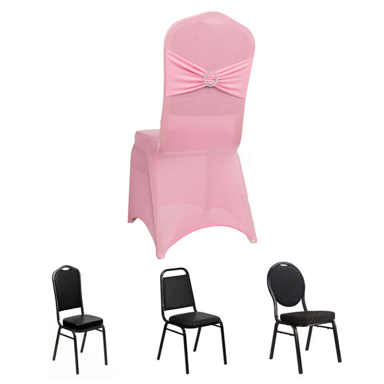 Pink Spandex Banquet Slip On Chair Cover with Silver Rhinestone Buckled Sash Band, Stretched Fitted