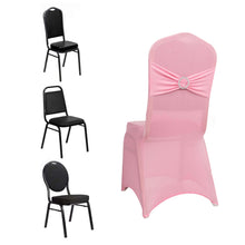 Pink Spandex Banquet Slip On Chair Cover with Silver Rhinestone Buckled Sash Band, Stretched Fitted