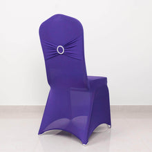 Purple Spandex Banquet Slip On Chair Cover with Silver Rhinestone Buckled Sash Band, Stretched