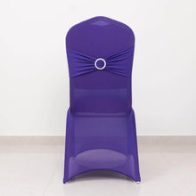 Purple Spandex Banquet Slip On Chair Cover with Silver Rhinestone Buckled Sash Band, Stretched