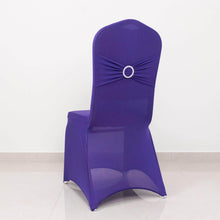 Purple Spandex Banquet Slip On Chair Cover with Silver Rhinestone Buckled Sash Band, Stretched