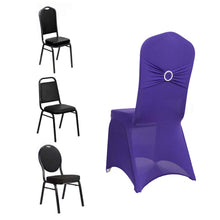 Purple Spandex Banquet Slip On Chair Cover with Silver Rhinestone Buckled Sash Band, Stretched