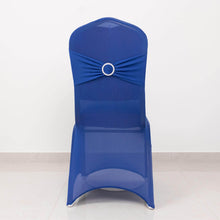 Royal Blue Spandex Banquet Slip On Chair Cover with Silver Rhinestone Buckled Sash Band, Stretched