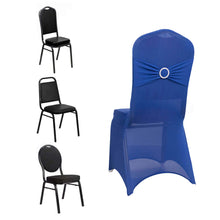 Royal Blue Spandex Banquet Slip On Chair Cover with Silver Rhinestone Buckled Sash Band, Stretched