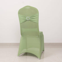 Sage Green Spandex Banquet Slip On Chair Cover with Silver Rhinestone Buckled Sash Band, Stretched