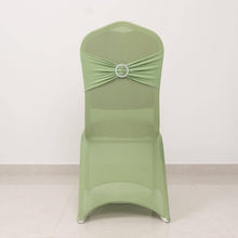 Sage Green Spandex Banquet Slip On Chair Cover with Silver Rhinestone Buckled Sash Band, Stretched