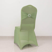 Sage Green Spandex Banquet Slip On Chair Cover with Silver Rhinestone Buckled Sash Band, Stretched