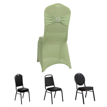 Sage Green Spandex Banquet Slip On Chair Cover with Silver Rhinestone Buckled Sash Band, Stretched Fitted Chair Cover