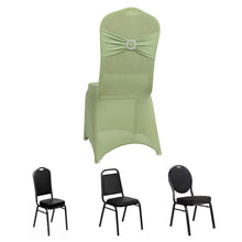 Sage Green Spandex Banquet Slip On Chair Cover with Silver Rhinestone Buckled Sash Band, Stretched