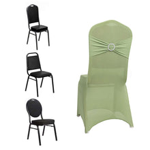 Sage Green Spandex Banquet Slip On Chair Cover with Silver Rhinestone Buckled Sash Band, Stretched