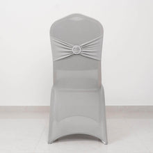 Silver Spandex Banquet Slip On Chair Cover with Rhinestone Buckled Sash Band, Stretched Fitted Chair