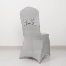 Silver Spandex Banquet Slip On Chair Cover with Rhinestone Buckled Sash Band, Stretched Fitted Chair