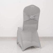 Silver Spandex Banquet Slip On Chair Cover with Rhinestone Buckled Sash Band, Stretched Fitted Chair