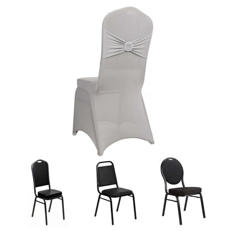 Silver Spandex Banquet Slip On Chair Cover with Rhinestone Buckled Sash Band, Stretched Fitted Chair