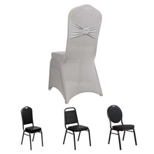 Silver Spandex Banquet Slip On Chair Cover with Rhinestone Buckled Sash Band, Stretched Fitted Chair