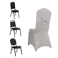 Silver Spandex Banquet Slip On Chair Cover with Rhinestone Buckled Sash Band, Stretched Fitted Chair