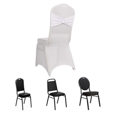 White Spandex Banquet Slip On Chair Cover with Silver Rhinestone Buckled Sash Band, Stretched Fitted Chair Cover