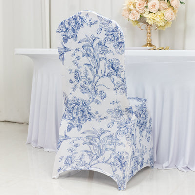 10 Pack Spandex Fitted Banquet Chair Covers – White Blue French Toile Stretch Slip-On Reusable Floral Slipcovers