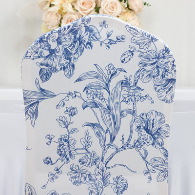 10 Pack Spandex Fitted Banquet Chair Covers – White Blue French Toile Stretch Slip-On Reusable Floral Slipcovers