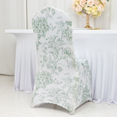 10 Pack Spandex Fitted Banquet Chair Covers – White Dusty Sage Green French Toile Stretch Slip-On Reusable Floral Slipcovers