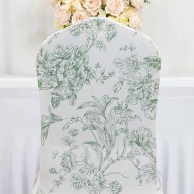 10 Pack Spandex Fitted Banquet Chair Covers – White Dusty Sage Green French Toile Stretch Slip-On Reusable Floral Slipcovers
