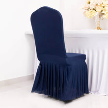 Navy Blue Ruffle Pleated Skirt Banquet Spandex Chair Cover, 1-Piece Stretch Fitted Chair Slipcover