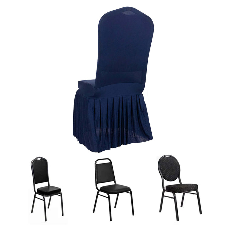 Navy Blue Ruffle Pleated Skirt Banquet Spandex Chair Cover, 1-Piece Stretch Fitted Chair Slipcover