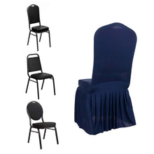 Navy Blue Ruffle Pleated Skirt Banquet Spandex Chair Cover, 1-Piece Stretch Fitted Chair Slipcover