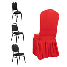 Red Ruffle Pleated Skirt Banquet Spandex Chair Cover, 1-Piece Stretch Fitted Chair Slipcover