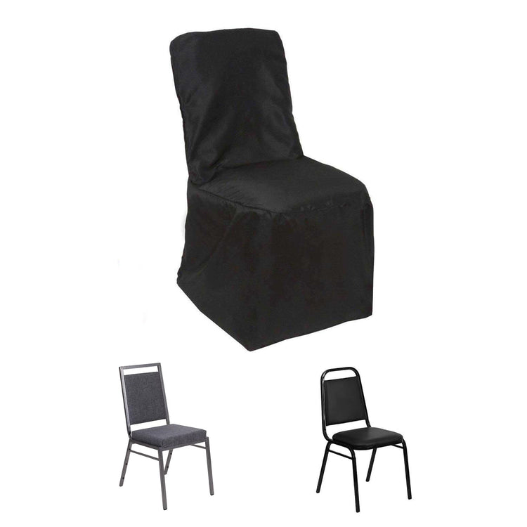 Black Polyester Square Top Banquet Chair Cover, Reusable Slip On Chair Cover