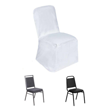 White Polyester Square Top Banquet Chair Cover, Reusable Slip On Chair Cover