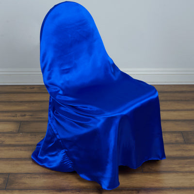 Satin Self-Tie Universal Chair Cover Royal Blue - Reusable Slip-On Slipcover for Folding, Dining, Banquet & Standard Size Chairs