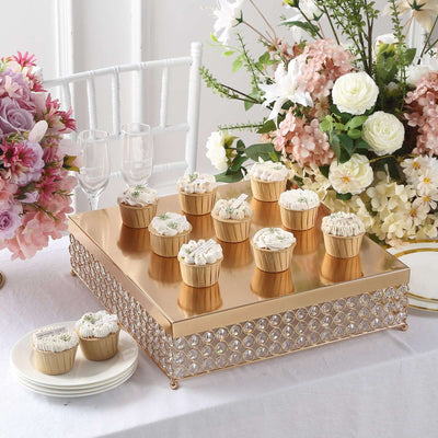 Metal Cake Stand 16" Square Design with Crystal Beads Gold - Dessert Pedestal for Events