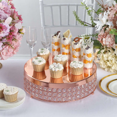 Metal Cake Stand Pedestal 14" Crystal Beaded Design Rose Gold - Cupcake Display and Dessert Riser