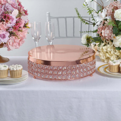 Metal Cake Stand Pedestal 14" Crystal Beaded Design Rose Gold - Cupcake Display and Dessert Riser